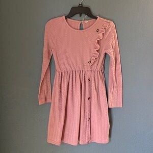 Girls' Pink Knit Ruffle Button-Front Dress